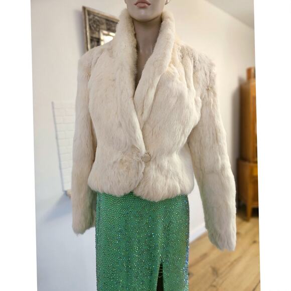 Vtg White Cream Rabbit Fur Coat Cropped Cream Satin Lined Glam Mob Wife Club M - Picture 2 of 16